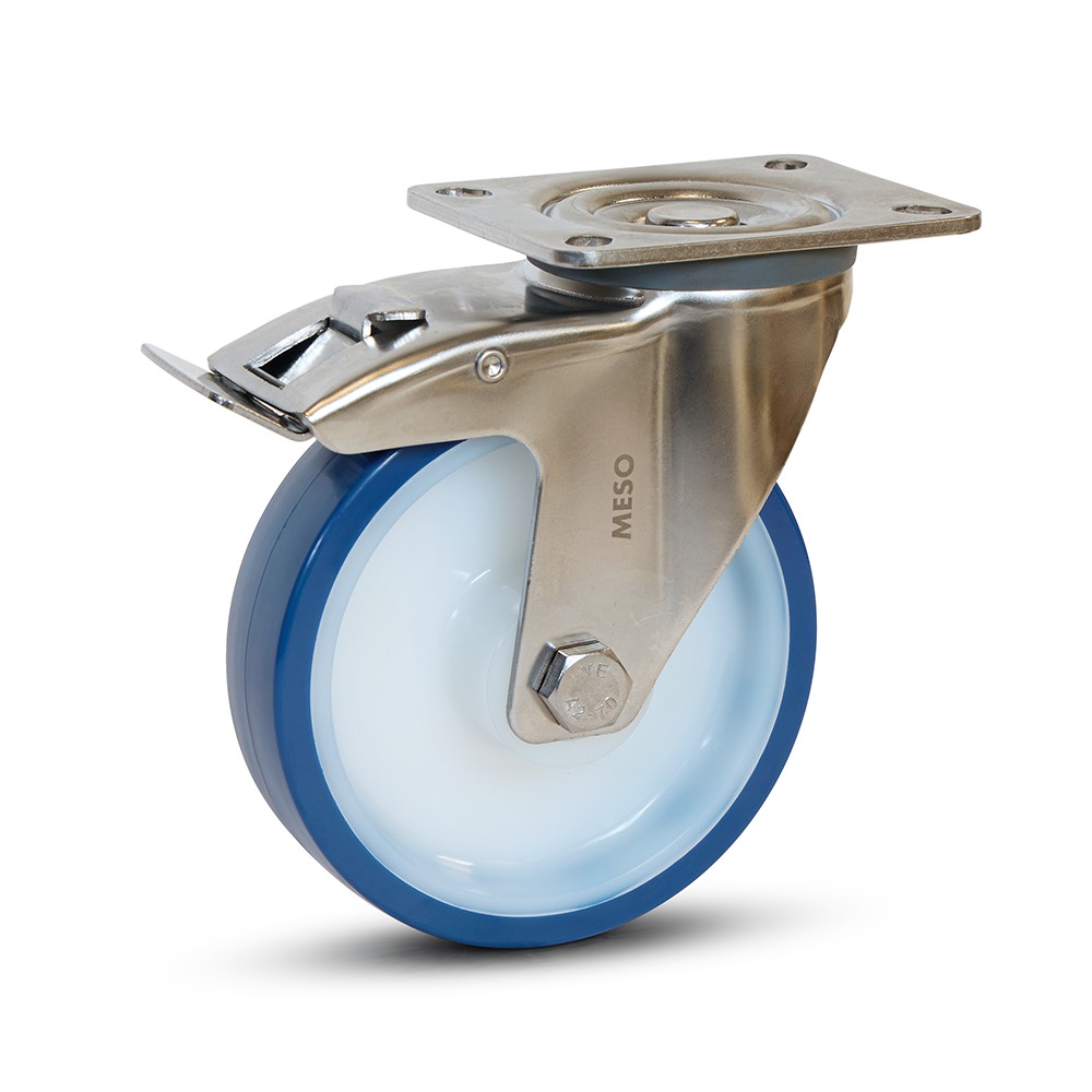 RVS Zwenkwiel met Dubbele Rem - Blauw PU - 125mm - 220kg