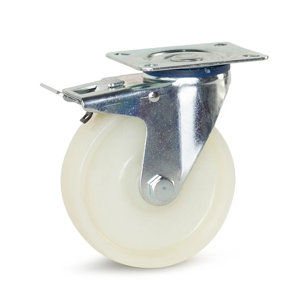 Geremd nylon zwenkwiel met topplaat - Ø125mm - 250kg Geremd nylon zwenkwiel met topplaat - Ø125mm - 250kg