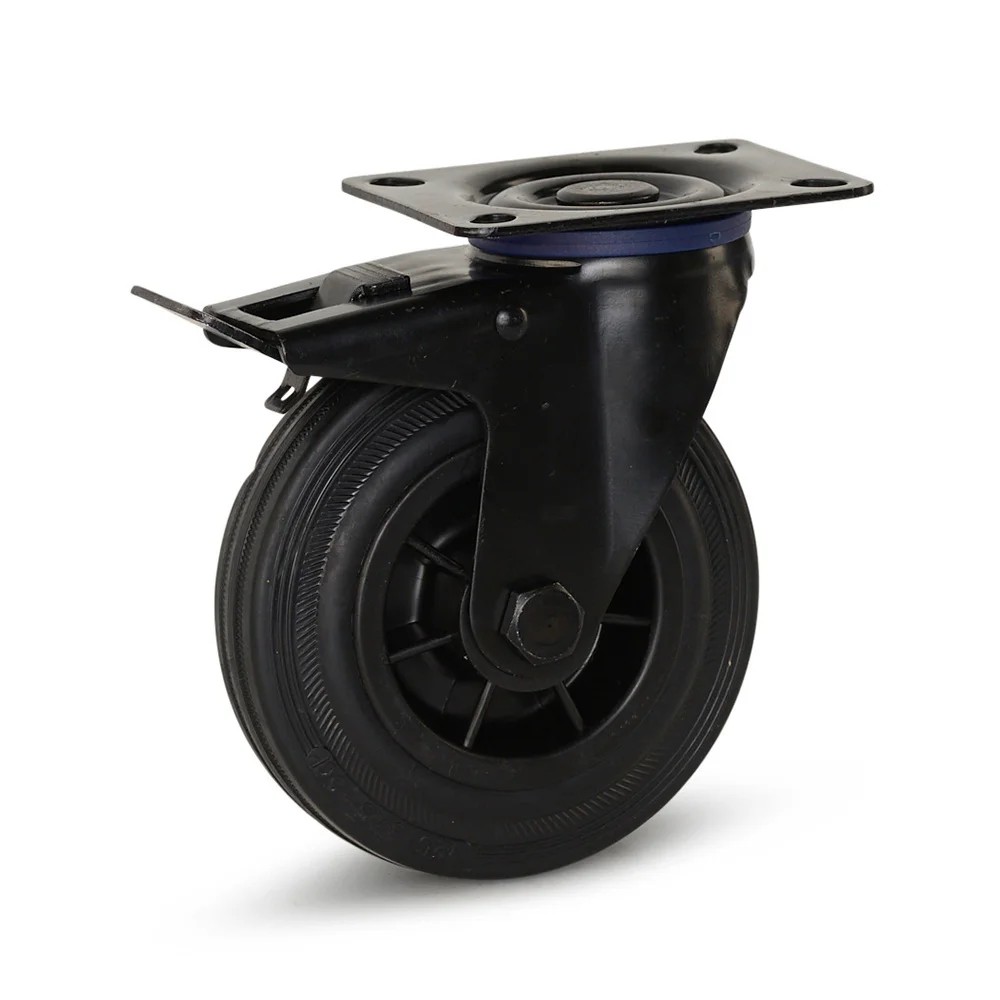 Zwart rubber zwenkwiel geremd met topplaat - 125mm - 150kg